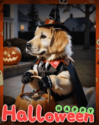 Dog In Witch Costume Holding Trick Or Treat Basket GIF