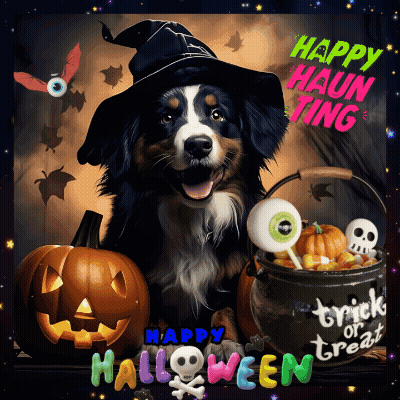 Dog In Witch Hat Surrounded By Pumpkins And Cauldron Saying Happy Haunting GIF