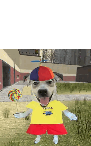 Dog In Yellow Minions Shirt Holding Lollipop Sticker