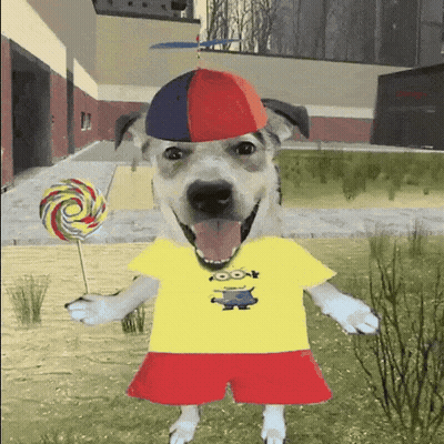 Dog In Yellow Shirt With Minion Holding Lollipop GIF