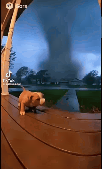 Dog On Porch Looking At Tornado GIF