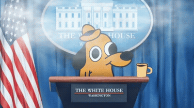 Dog Sitting at Podium in Front of White House Sign