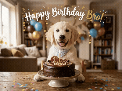 Dog Sitting At Table With Birthday Cake Saying Bro GIF