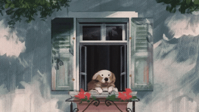 Dog Sitting On Window Sill With Flowers GIF