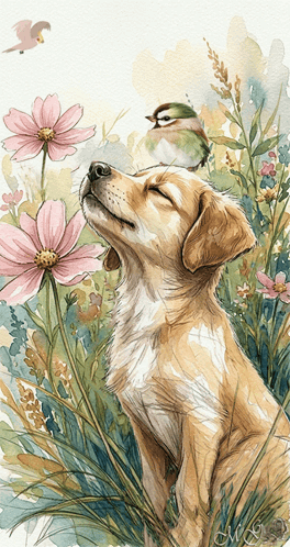 Dog Smelling Flowers With Bird On Head GIF