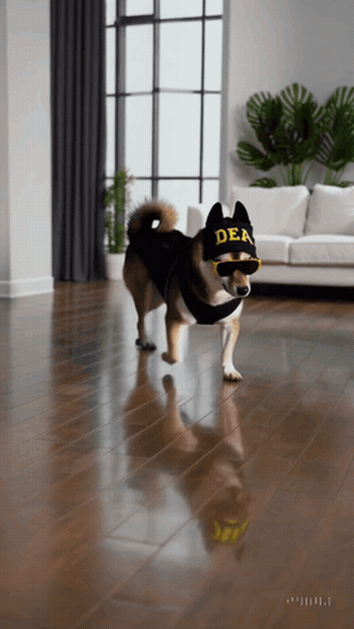 Dog Wearing Dea Hat And Sunglasses In Living Room GIF
