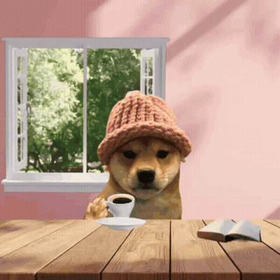 Dog Wearing Hat Holding Cup Of Coffee GIF