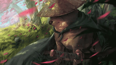 Dog Wearing Hat Holding Samurai Sword GIF