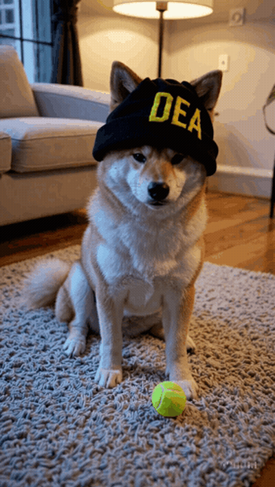 Dog Wearing Hat Saying Dea Next To Tennis Ball GIF