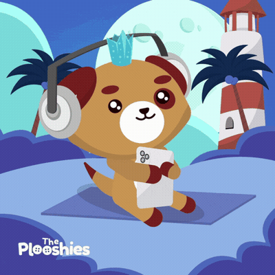 Dog Wearing Headphones Holding Ploshies Card GIF