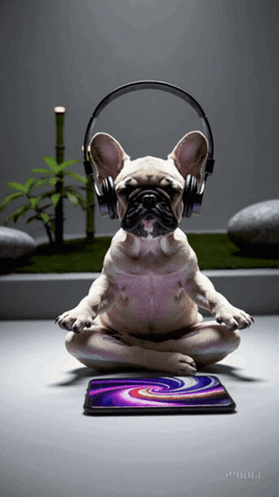 Dog Wearing Headphones Sitting Cross-Legged GIF