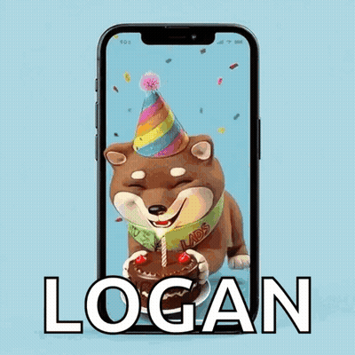 Dog Wearing Party Hat Holding Birthday Cake Saying Logan GIF