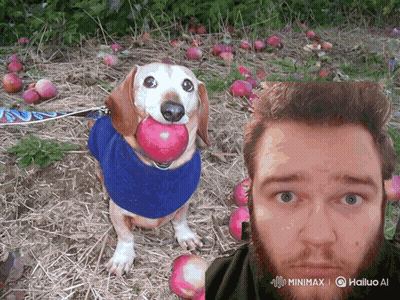 Dog With Apple In Mouth Next To Man's Face GIF