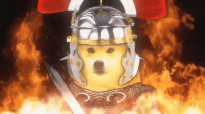 Dog With Helmet Holding Sword In Front Of Fire GIF