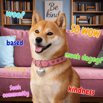Dog With Pink Collar Surrounded By Woof Text GIF