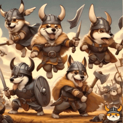 Dogs Dressed As Vikings With Horned Helmets And Shields GIF