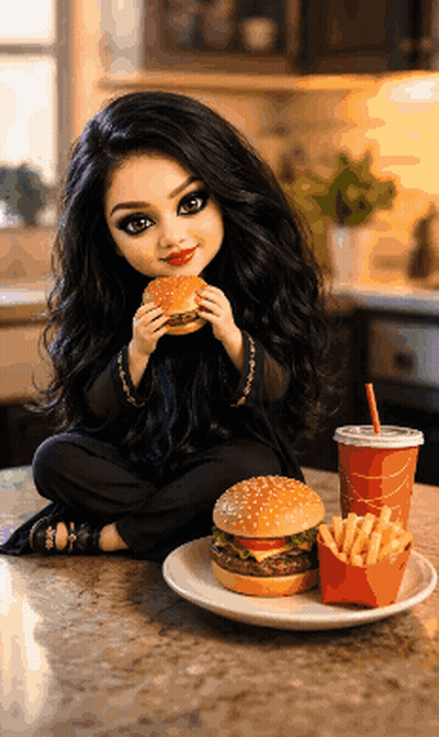 Doll Eating Hamburger And Drinking Soda GIF