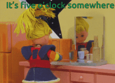 Doll In Front Of Mirror Saying It's Five O'Clock Somewhere GIF