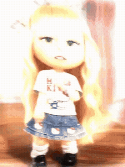 Doll In Hello Kitty Shirt And Denim Skirt GIF