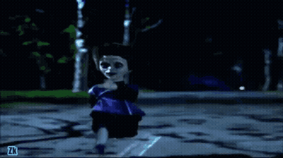 Doll In Purple Dress Running Down Street At Night GIF