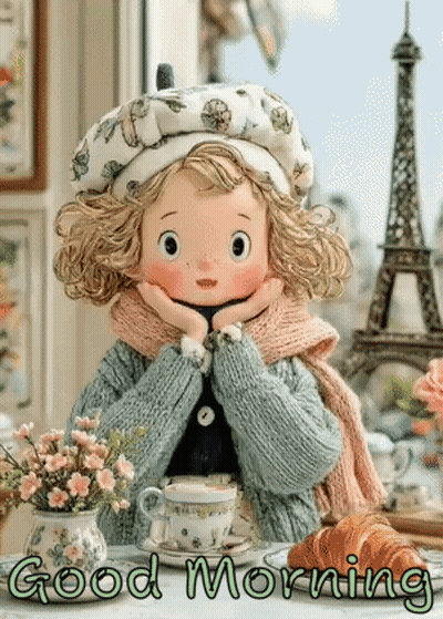 Doll Sitting At Table With Coffee, Croissant And Flowers GIF
