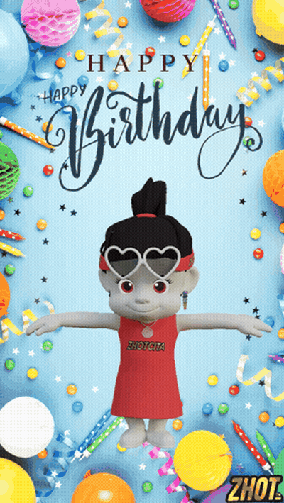 Doll Wearing Heart Sunglasses Happy Birthday Card GIF