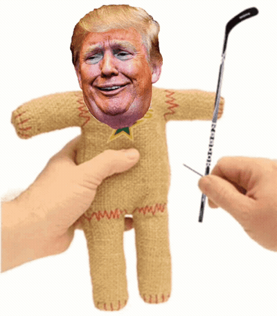 Doll With Donald Trump Face Being Sewn GIF