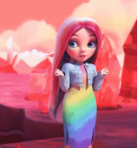 Doll With Pink Hair And Rainbow Skirt GIF