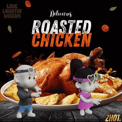Dolls Standing Next To Roasted Chicken GIF