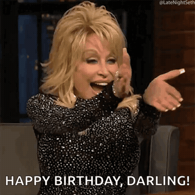 Dolly Parton Is Wearing A Black Sequined Dress And Laughing While Saying Happy Birthday Darling . GIF