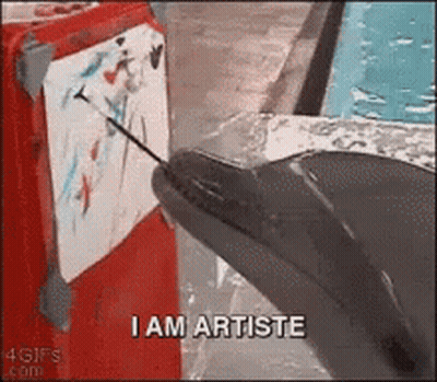 Dolphin Pointing Needle At Painting Saying I Am Artiste GIF