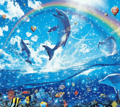 Dolphins Are Jumping Out Of The Water With A Rainbow In The Sky GIF