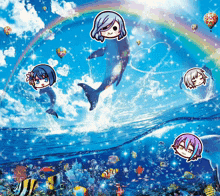 Dolphins Are Swimming In The Ocean With A Rainbow GIF