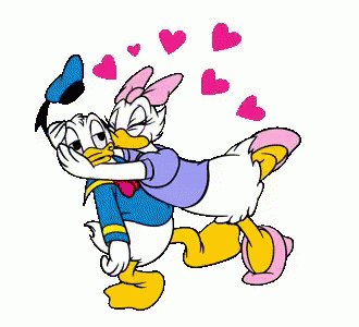 Donald Duck And Daisy Duck Are Hugging Each Other And Surrounded By Hearts . GIF