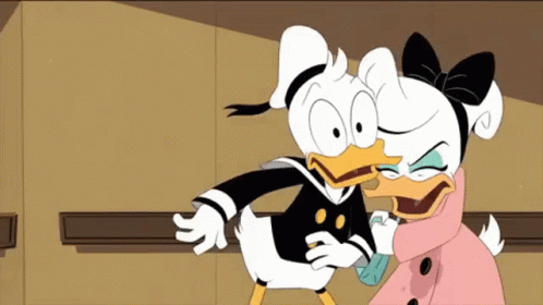 Donald Duck And Daisy Duck Are Standing Next To Each Other In A Cartoon Scene . GIF