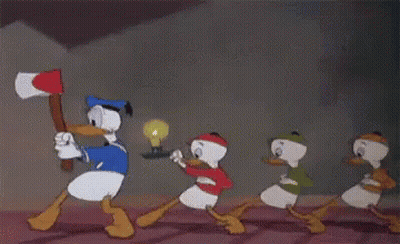 Donald Duck Holding Light Bulb And Axe With Three Ducks Running Behind GIF