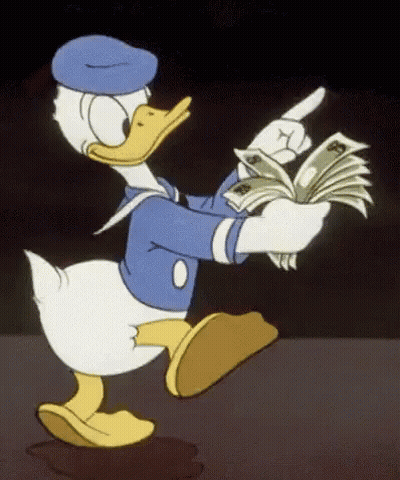 Donald Duck Holding Stack Of Money Pointing GIF
