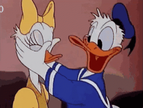 Donald Duck Is Covering Daisy Duck 'S Eyes With His Hands GIF