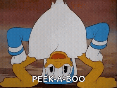 Donald Duck Is Doing A Handstand With The Words Peek-A-Boo Below Him . GIF