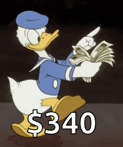 Donald Duck Is Holding A Bunch Of Money In His Hands And Pointing At Them . GIF