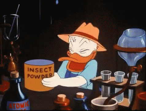 Donald Duck Is Holding A Can Of Insect Powder In His Hand GIF