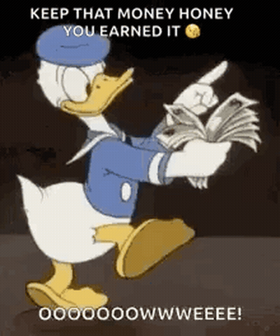 Donald Duck Is Holding A Fan Of Money And Pointing At It . GIF
