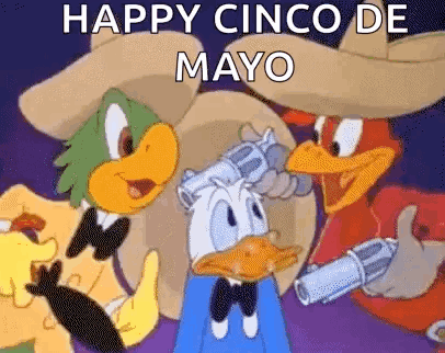 Donald Duck Is Holding A Gun In A Cartoon While Two Other Birds Are Holding Hats . GIF