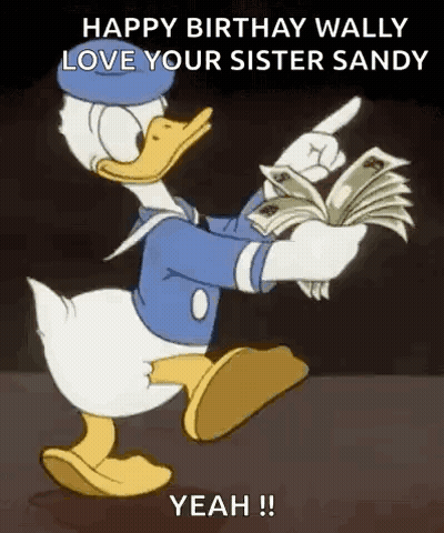 Donald Duck Is Holding A Pile Of Money And Pointing At It . GIF