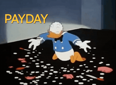 Donald Duck Laying On Ground With Word Payday GIF