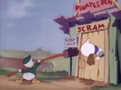 Donald Duck Pushing Hammer Into Door Saying Scram GIF