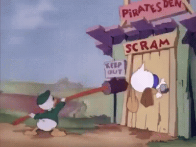 Donald Duck Pushing Hammer Into Door Saying Scram