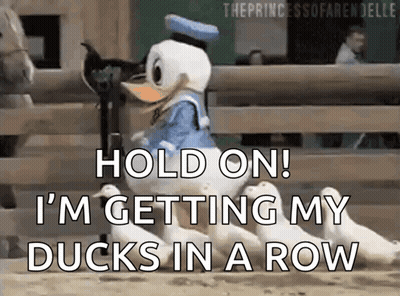 Donald Duck Says Hold On I'm Getting My Ducks In A Row In Front Of A Horse GIF