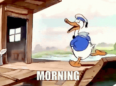 Donald Duck Standing On Dock Saying Morning GIF