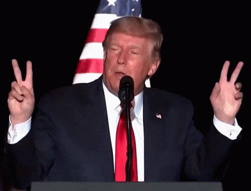 Donald Trump Giving A Peace Sign While Speaking Into A Microphone In Front Of An American Flag GIF